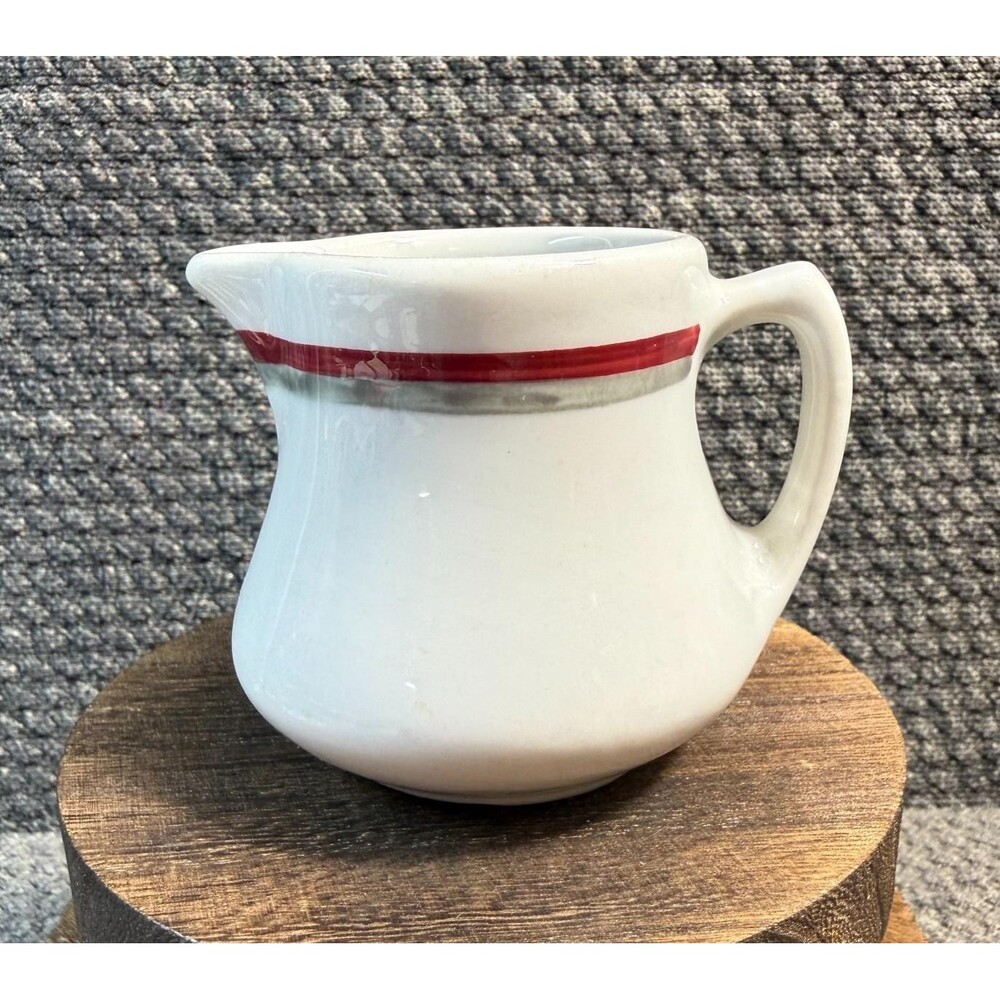 Shenango China New Castle PA Restaurant Ware Creamer White Red Gray 2.75"